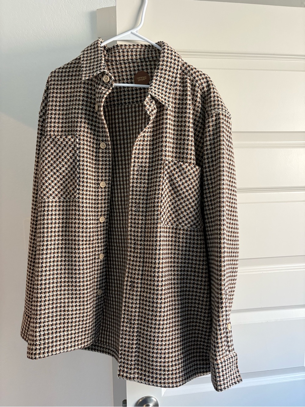Common People Men's XL Brown/Black/Cream Houndstooth Tweed Button-Up w/ Pockets